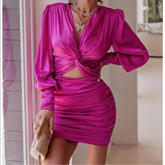 Shein Dresses | Shein Brand New Bright Pink Twist Front Satin Dress | Color: Pink | Size: M | Kellrk74's Closet